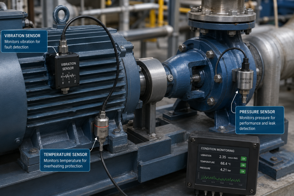 Industrial vibration, temperature, and pressure sensors installed on rotating equipment for condition monitoring - Credit: Sensor Manufacturer