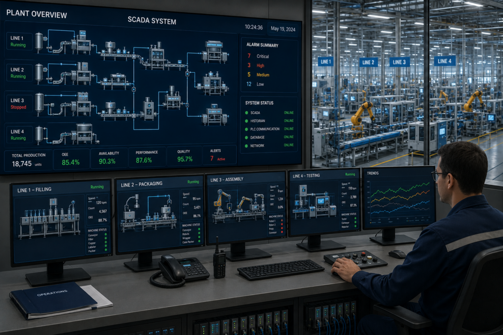 SCADA control room monitoring PLC-controlled industrial processes.