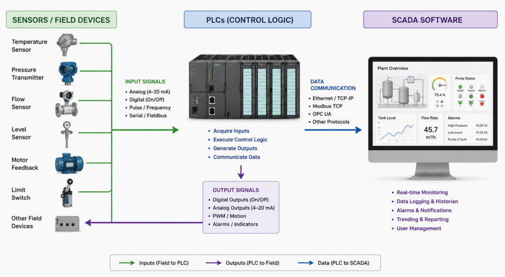 Relationship between PLC controllers and SCADA monitoring systems