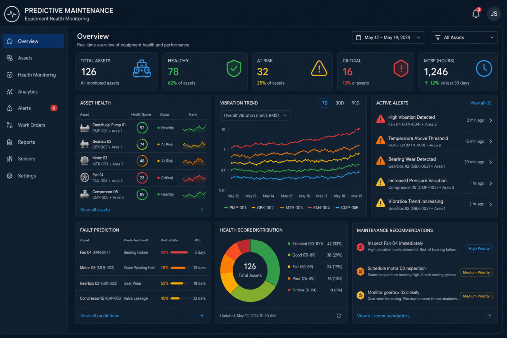 Predictive maintenance dashboard displaying equipment health scores, vibration trends, and fault predictions - Credit: Maintenance Analytics Solution