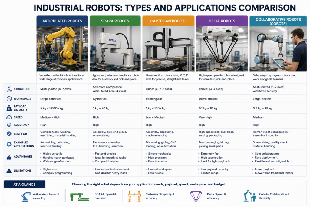 Industrial Robotics and Automation: Increasing Productivity While Reducing Downtime Various industrial robot configurations used in manufacturing automation.