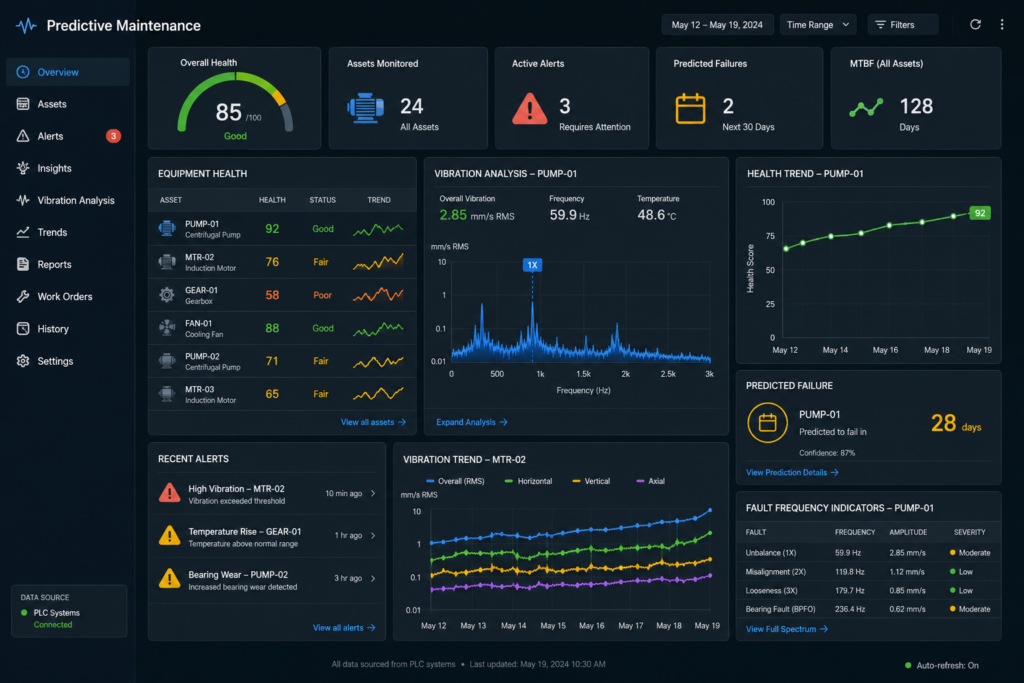SCADA predictive maintenance dashboard using PLC-collected machine data.