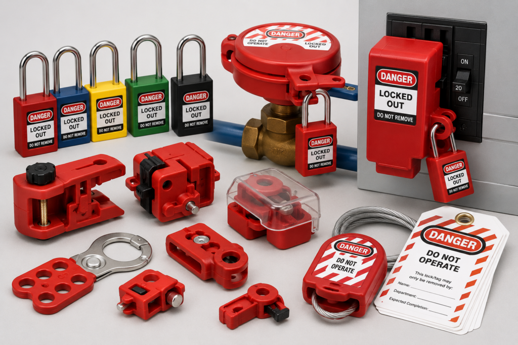 Lockout/Tagout (LOTO): Essential Electrical Safety Procedures for Industrial Facilities Common Lockout/Tagout devices used for hazardous energy control
